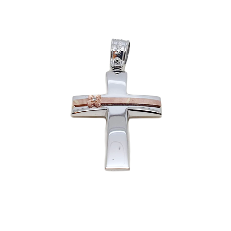 White gold cross k14 with white gold flower and a zircon (code P1662) 